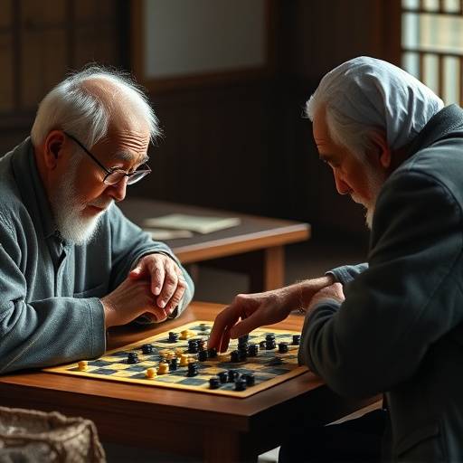 高齢者が将棋を指している様子。真剣な表情で盤面を見つめている。