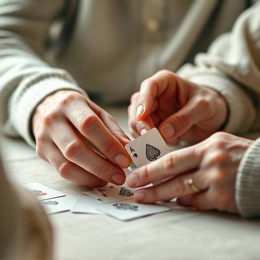 高齢者が神経衰弱のような記憶力ゲームに取り組んでいる様子。カードをめくる手に集中している。