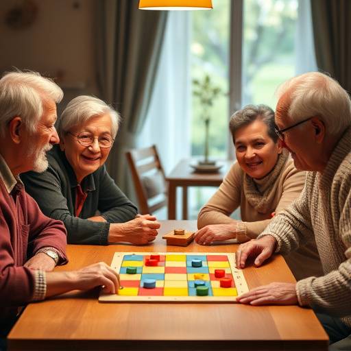 高齢者グループがテーブルを囲み、笑顔でボードゲームを楽しんでいる様子。